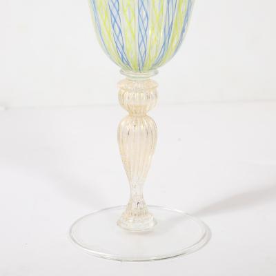 Set of 8 Hand Blown Murano Latticino Blue Chartreuse Wine Glasses W 24K Gold