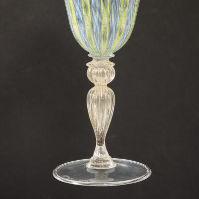 Set of 8 Hand Blown Murano Latticino Blue Chartreuse Wine Glasses W 24K Gold