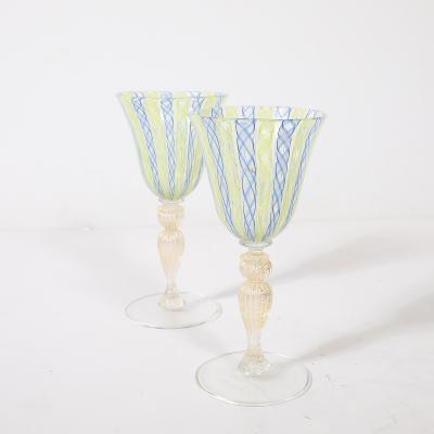 Set of 8 Hand Blown Murano Latticino Blue Chartreuse Wine Glasses W 24K Gold
