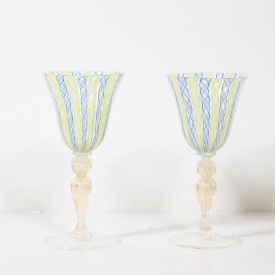 Set of 8 Hand Blown Murano Latticino Blue Chartreuse Wine Glasses W 24K Gold