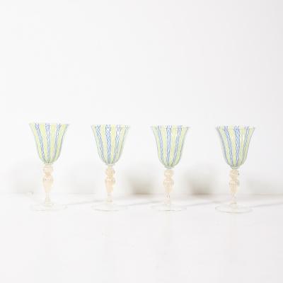 Set of 8 Hand Blown Murano Latticino Blue Chartreuse Wine Glasses W 24K Gold