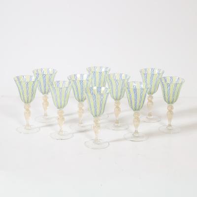 Set of 8 Hand Blown Murano Latticino Blue Chartreuse Wine Glasses W 24K Gold