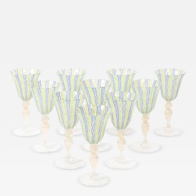 Set of 8 Hand Blown Murano Latticino Blue Chartreuse Wine Glasses W 24K Gold