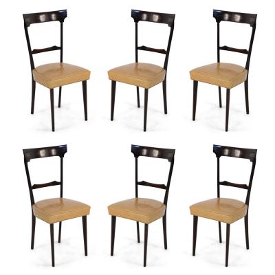 Set of 8 Ico Parisi Italian Mid Century Mahogany Frame and Yellow Alligator Upho