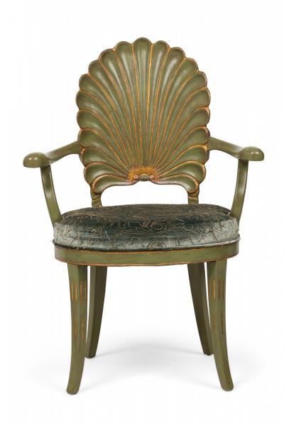 Set of 8 Italian Grotto Mid Century Carved Wood Green Upholstered Shellback Dini