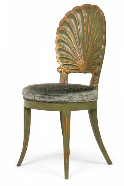 Set of 8 Italian Grotto Mid Century Carved Wood Green Upholstered Shellback Dini