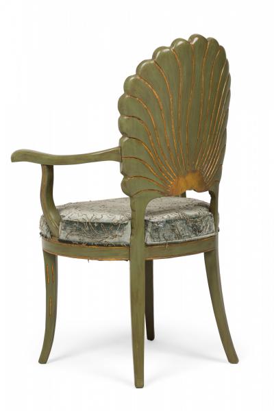 Set of 8 Italian Grotto Mid Century Carved Wood Green Upholstered Shellback Dini