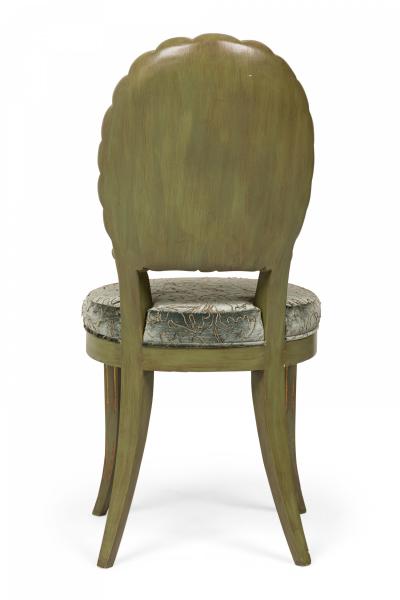 Set of 8 Italian Grotto Mid Century Carved Wood Green Upholstered Shellback Dini