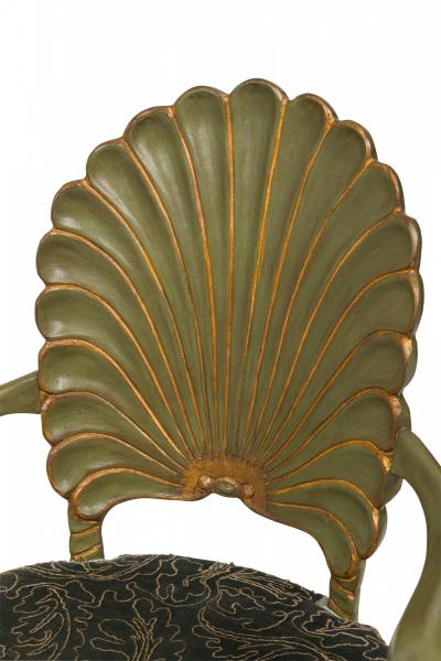 Set of 8 Italian Grotto Mid Century Carved Wood Green Upholstered Shellback Dini