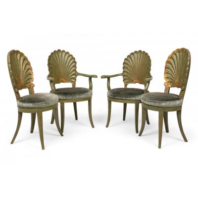 Set of 8 Italian Grotto Mid Century Carved Wood Green Upholstered Shellback Dini