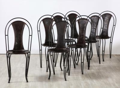 Set of 8 Italian Leather and Metal Bistro Dining Chairs Circa 1960