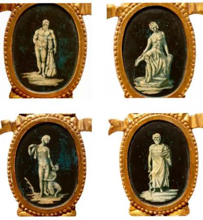 Set of 8 Italian Neoclassical Dining Chairs with Painted Murals Tiger Velvet