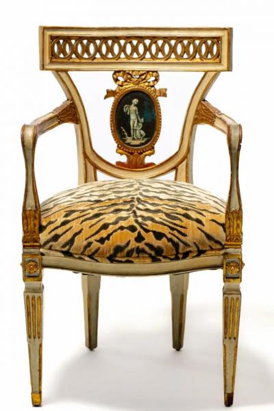 Set of 8 Italian Neoclassical Dining Chairs with Painted Murals Tiger Velvet