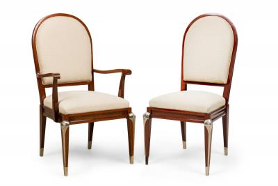 Set of 8 Jean Pascaud French Mid Century Mahogany and Silvered Bronze Upholstere