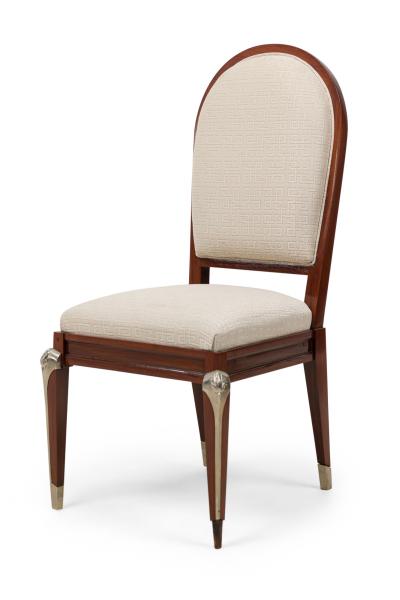 Set of 8 Jean Pascaud French Mid Century Mahogany and Silvered Bronze Upholstere