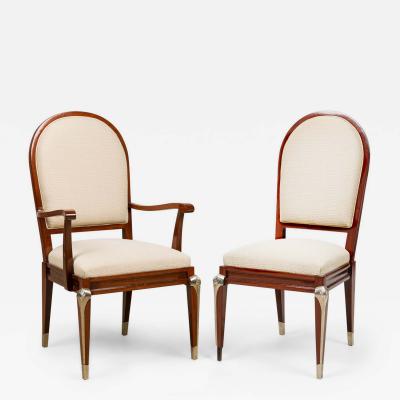 Set of 8 Jean Pascaud French Mid Century Mahogany and Silvered Bronze Upholstere