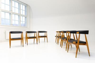 Set of 8 Lasse Ollinkari Dining Chairs in Black Leather Finland 1950s