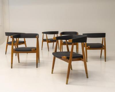 Set of 8 Lasse Ollinkari Dining Chairs in Black Leather Finland 1950s