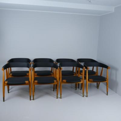 Set of 8 Lasse Ollinkari Dining Chairs in Black Leather Finland 1950s
