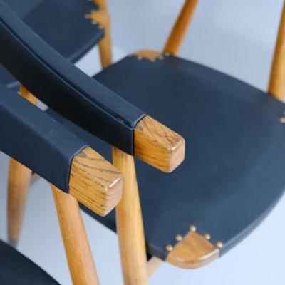 Set of 8 Lasse Ollinkari Dining Chairs in Black Leather Finland 1950s