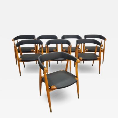 Set of 8 Lasse Ollinkari Dining Chairs in Black Leather Finland 1950s