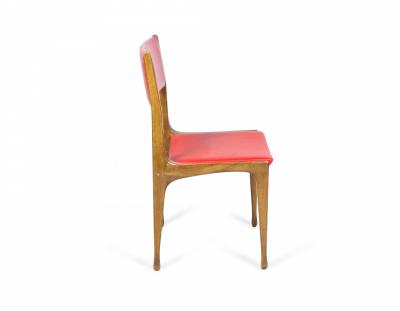 Set of 8 Mid Century Walnut and Red Vinyl Dining Side Chairs