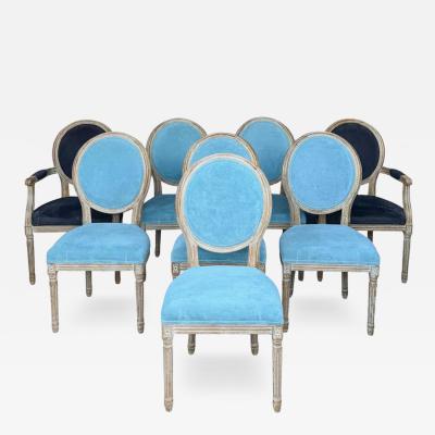 Set of 8 Swedish Louis XVI Style Blue Velvet Upholstered Dining Chairs