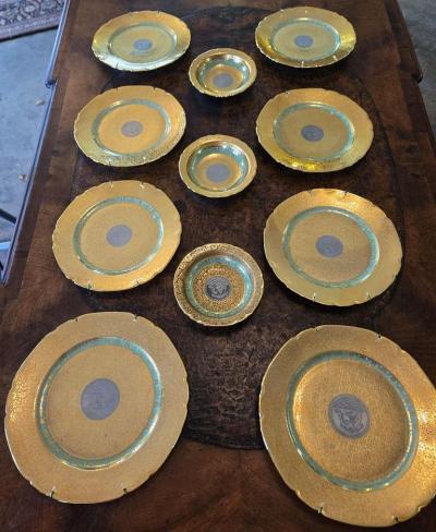 Set of 8 Vintage Bohemian 24kt Gold Platinum Incrusted Wall Plaques 3 Bowls
