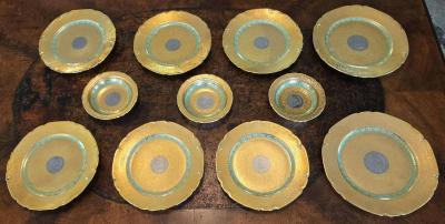 Set of 8 Vintage Bohemian 24kt Gold Platinum Incrusted Wall Plaques 3 Bowls