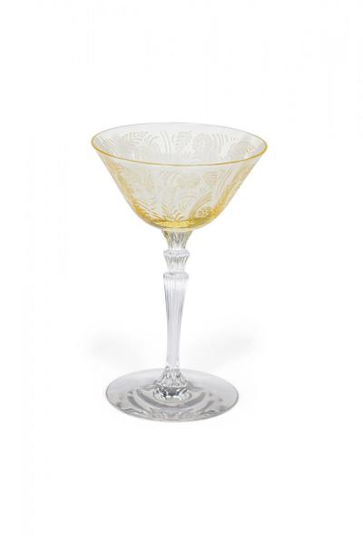 Set of 9 Topaz Floral Etched Glass Waterfall Stem Champagne and Cordial Glasses