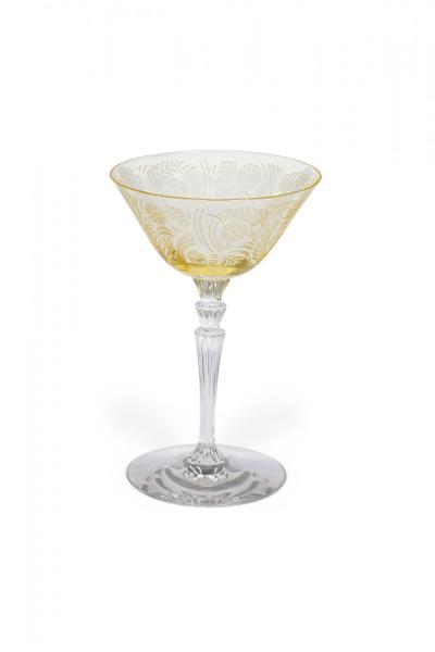 Set of 9 Topaz Floral Etched Glass Waterfall Stem Champagne and Cordial Glasses