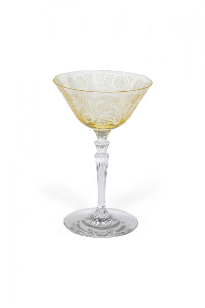 Set of 9 Topaz Floral Etched Glass Waterfall Stem Champagne and Cordial Glasses