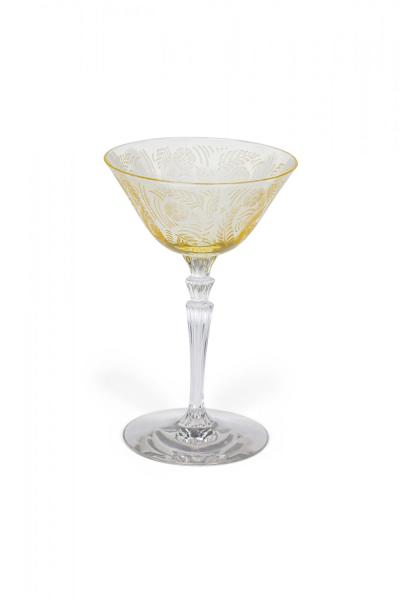 Set of 9 Topaz Floral Etched Glass Waterfall Stem Champagne and Cordial Glasses