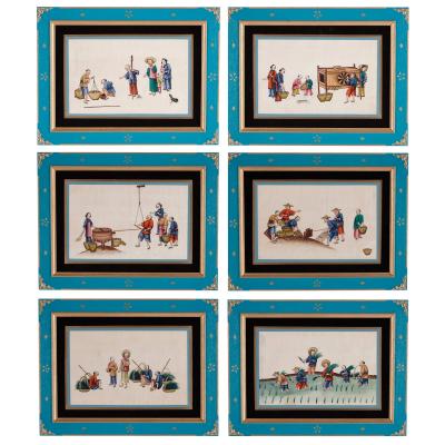 Set of Antique Chinese pith paintings depicting tea production