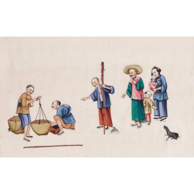 Set of Antique Chinese pith paintings depicting tea production