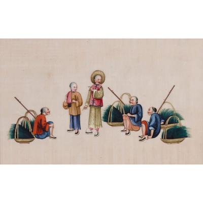 Set of Antique Chinese pith paintings depicting tea production