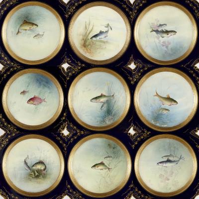 Set of Antique Coalport Porcelain Dinner Plates Depicting English Fish