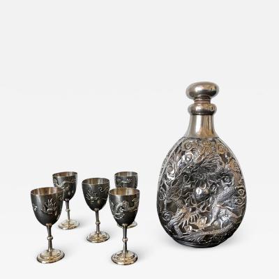 Set of Chinese Export Silver Overlay Bottle with Five Cordials Tianjin Wuhua