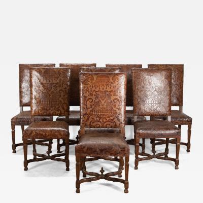 Set of Eight 18th Century Italian Walnut and Leather Dining Chairs