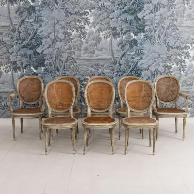 Set of Eight 19th c French Louis XVI Oval Back Cane Chairs in Original Paint