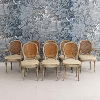 Set of Eight 19th c French Louis XVI Oval Back Cane Chairs in Original Paint