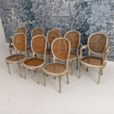 Set of Eight 19th c French Louis XVI Oval Back Cane Chairs in Original Paint