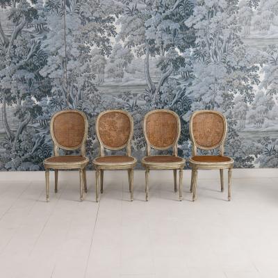 Set of Eight 19th c French Louis XVI Oval Back Cane Chairs in Original Paint