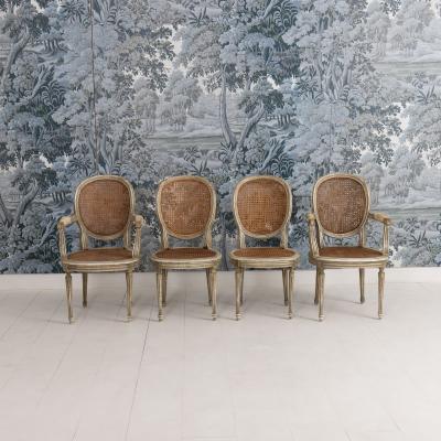 Set of Eight 19th c French Louis XVI Oval Back Cane Chairs in Original Paint