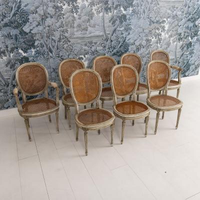 Set of Eight 19th c French Louis XVI Oval Back Cane Chairs in Original Paint