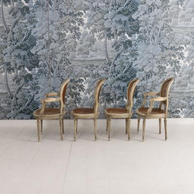 Set of Eight 19th c French Louis XVI Oval Back Cane Chairs in Original Paint