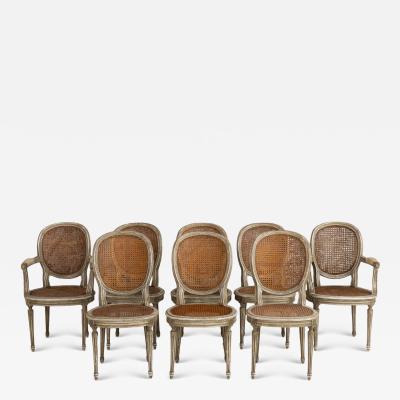 Set of Eight 19th c French Louis XVI Oval Back Cane Chairs in Original Paint