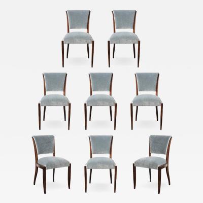 Set of Eight Art Deco Sculptural Walnut Dining Chairs in Plush Mohair Upholstery