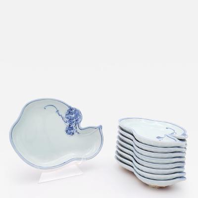 Set of Eight Gourd Shaped Japanese Dishes in Blue and White Vintage
