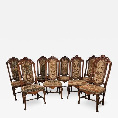 Set of Eight Large Walnut Tapestry Chairs Spain 18th or 19th century